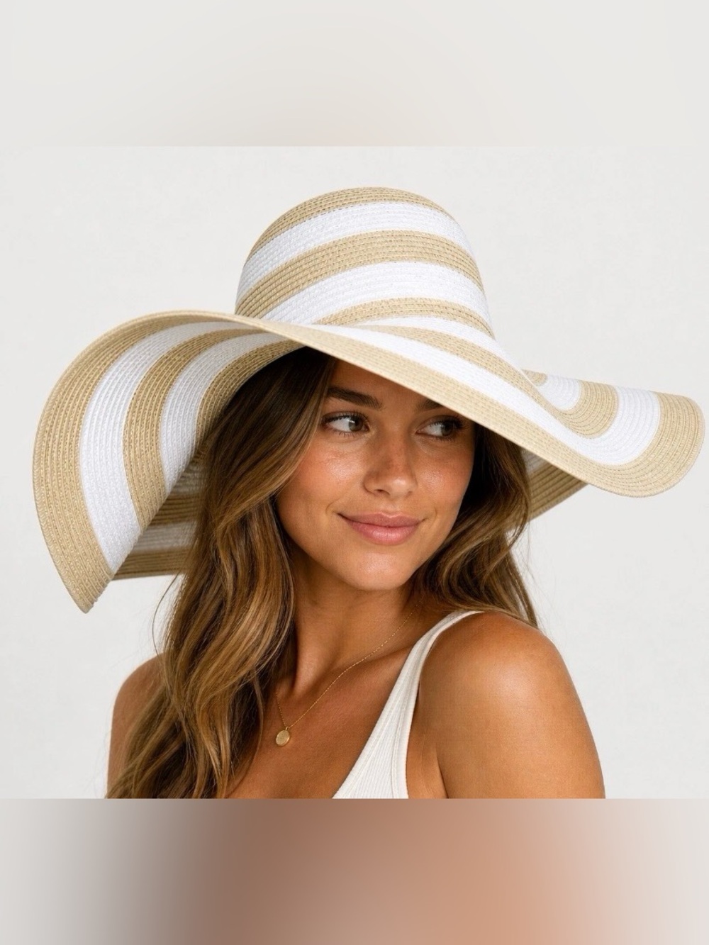 NWOT Shade & Shore Wide Brim Floppy Sun Hat Tan & White stripe One Size Beach